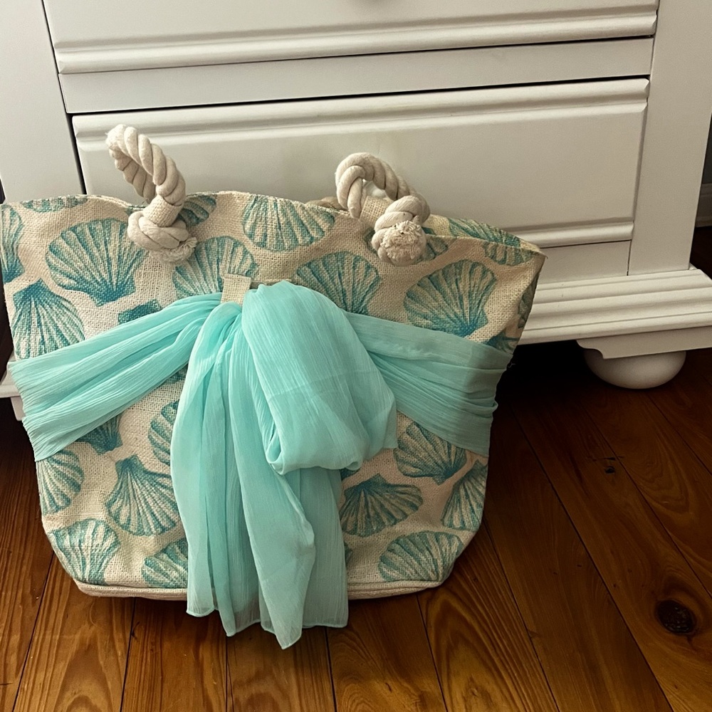 Aqua Shell Print Tote Bag